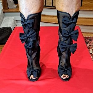Chanel Mesh Grosgrain Bow Peep Toe Mid Calf CC Logo Boots